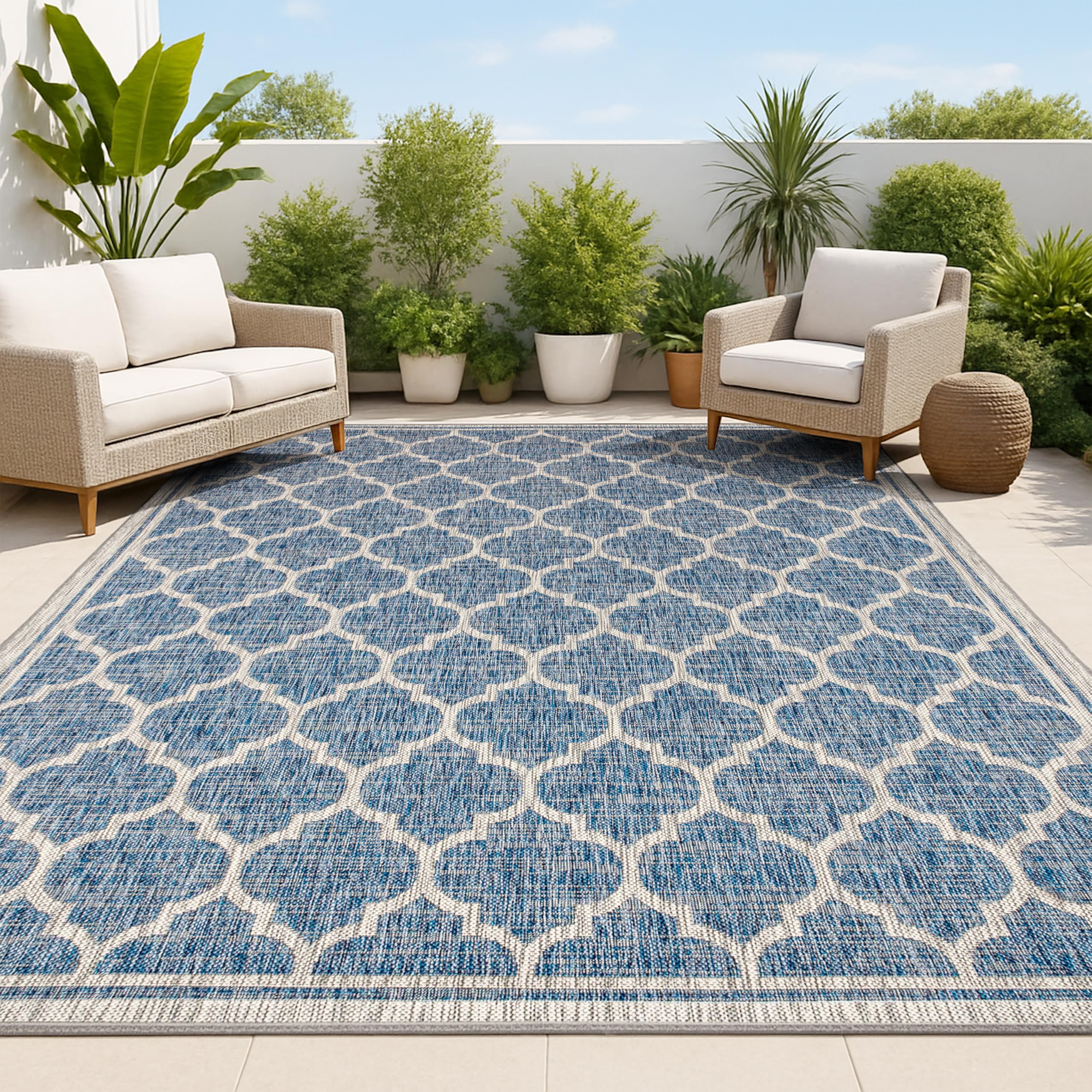 JONATHAN Y Moroccan Trellis Indoor Outdoor Area Rug 10X14 Navy/Gray, Trebol Textured Weave for Backyard, Patio, Porch, Easy-Cleaning, High Traffic, Pet-Friendly, Non-Shedding (SMB109D-14) Image