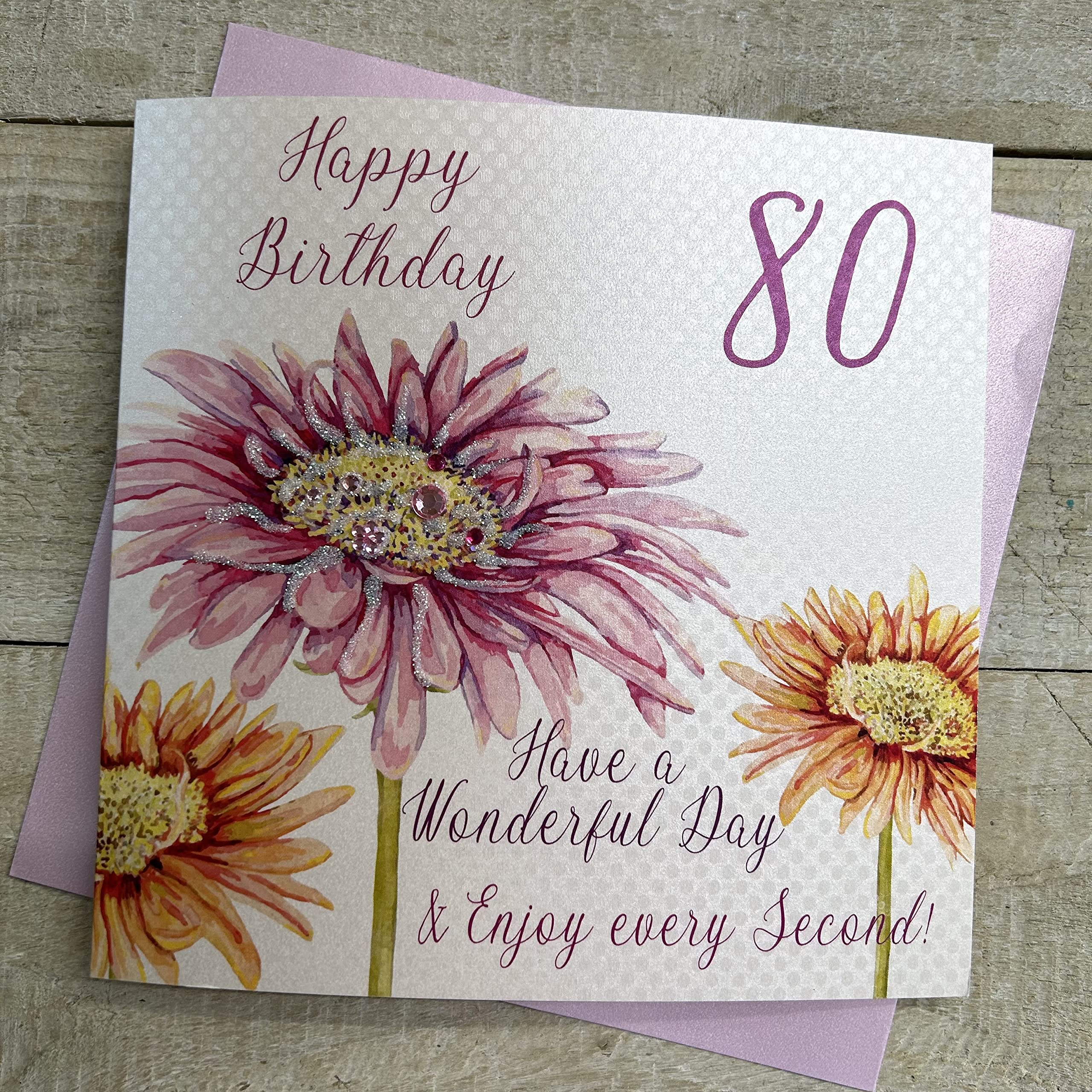 white cotton cards Age 80 Handmade Birthday Card Flower, White, WBA80