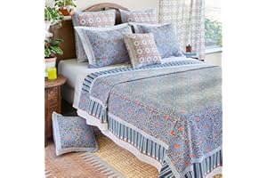 Saffron Marigold King Summer Bedspread - Lightweight 100% Blue Cotton, Hand Block Printed Floral Bedding Comforter for Your Bedroom Decor Mosaique Bleue Earth 108x90 Inches