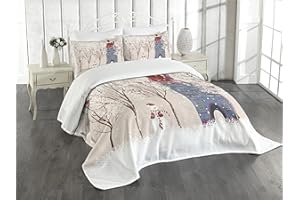 Lunarable Christmas Bedspread, Snowy Courtyard with Tree and Snowman in Front of House in Pastel Colors Image, Decorative Quilted 3 Piece Coverlet Set with 2 Pillow Shams, Queen Size, Pink White