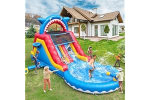 HXDOGSP Inflatable Water Slide Commercial Grade: 22FT(L) Water Bounce House for Adults and Kids - Big Pool, Premium PVC, Shark Style, Wet & Dry, 950W Blower - for Backyard Outdoor Birthday Party