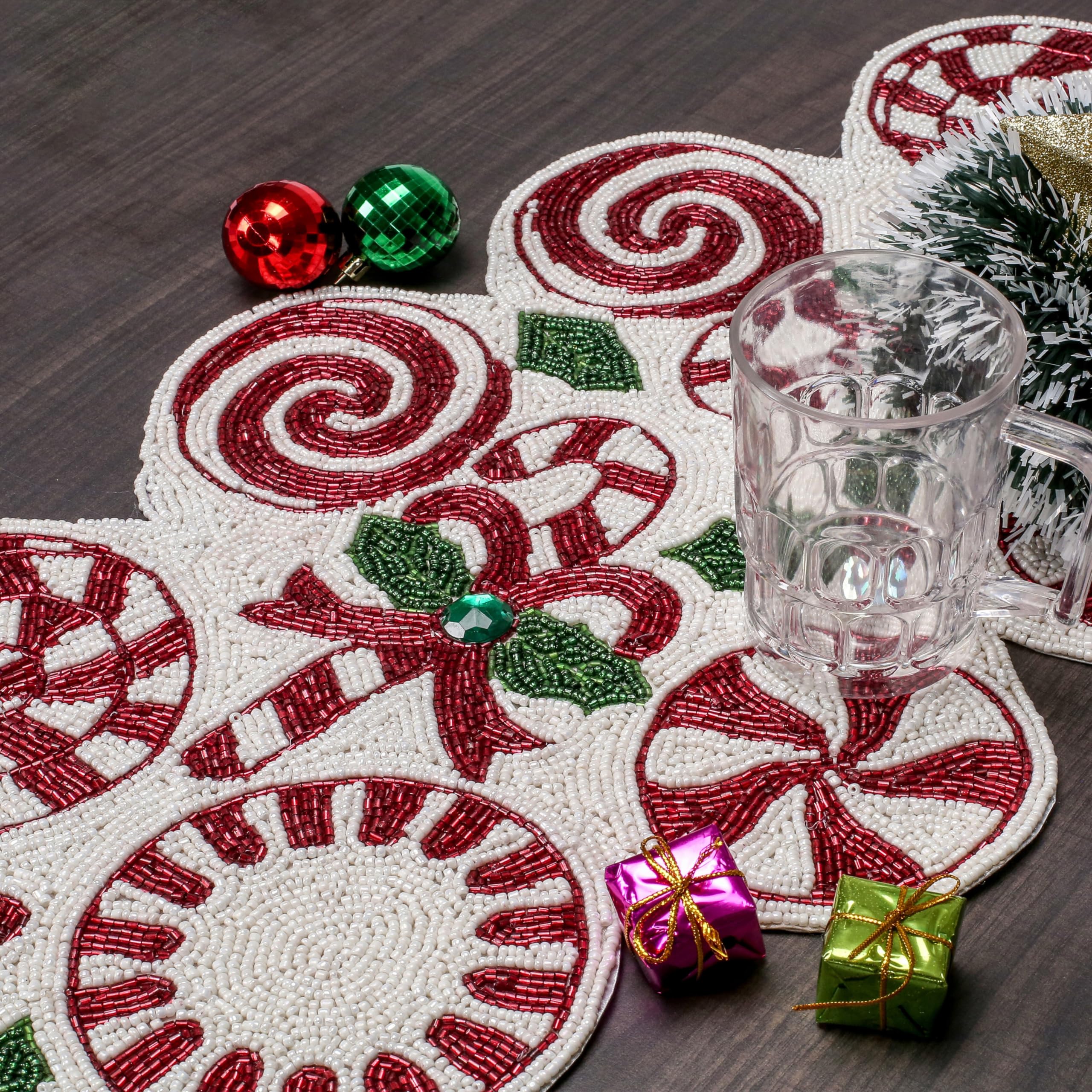 Christmas Table Runners 36 Inches, Candy Beaded Table Runner, Table Mats for Kitchen Table - Home Decor Mat for Harvest, Thanksgiving, Wedding, Party Decoration - Red/Green/White
