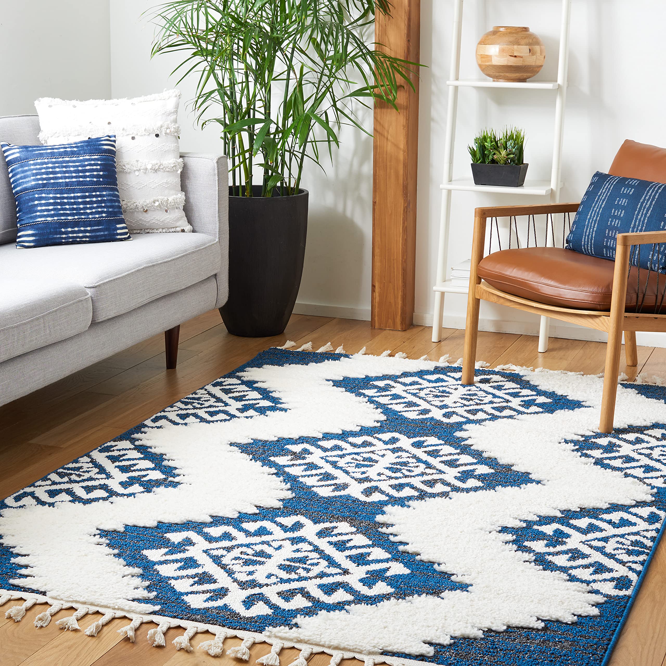 SAFAVIEH Moroccan Tassel Shag Collection Area Rug - 10' x 14', Navy & Ivory, Boho Rustic Trellis, Non-Shedding & Easy Care, 2-inch Thick Ideal for High Traffic Areas in Living Room, Bedroom (MTS652N) Image