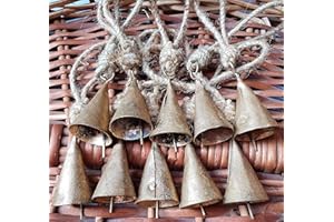 HIGHBIX 4cm Small Vintage Rustic Lucky Tin Metal Cow Bells Handmade Christmas Décor Bells on Jute Rope (10, Cone)