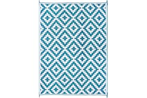 FH Home Outdoor Camping Rug - Waterproof, Fade Resistant, Reversible - Premium Recycled Plastic - Geometric - Large Patio, Deck, Sunroom, RV - Aztec - Teal & White - 9 x 12 ft Foldable