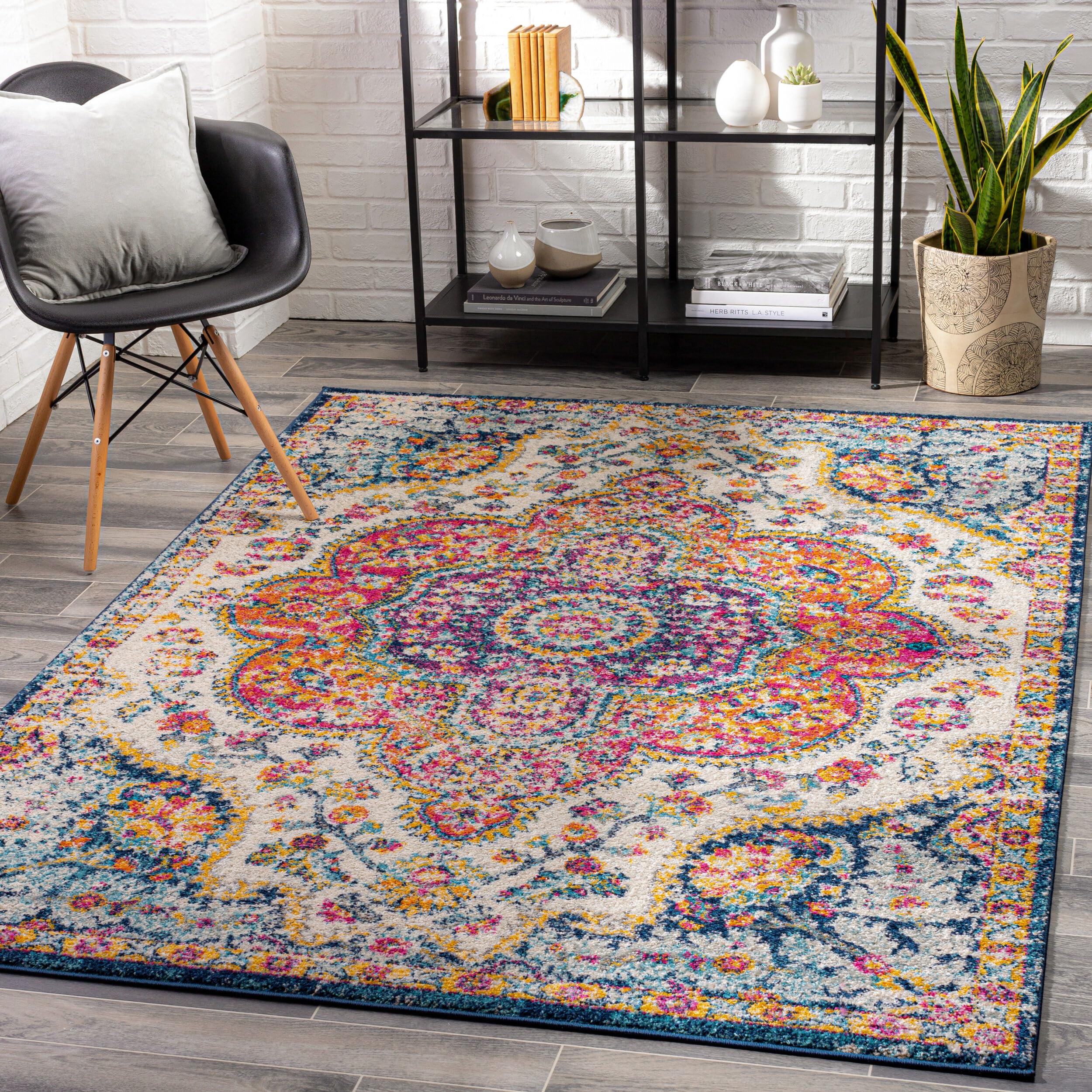 Photo 1 of ***DIRTY**** Livabliss Area Rugs - 7x9 Romaine Vintage Boho Fuchsia Mustard Blue Area Rug for Living Room Bedroom - Floral Medallion Stain Resistant Carpet for Kitchen, Nursery, Office (6'7" x 9')