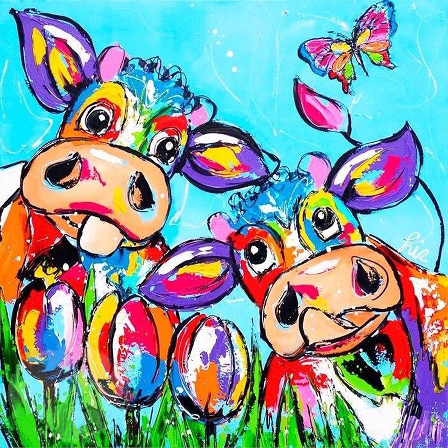 YEESAM ART 5D DIY Diamond Painting Kits for Adults, Colorful Cow Animal Butterfly Flowers 30x30