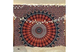 Bless International Handmade Indian hippie Bohemian Psychedelic Peacock Mandala Wall hanging College Dorm Beach Throws Table Cloth Bedding Tapestry (Golden Blue, King(88x104Inches)(225x265Cms))