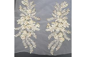 G-RUI 2pc/Pair Luxury Beaded Sequin Flower Embroidery lace Appliques for Wedding Dresses Rhinestone Applique Patches Embroidery lace parches ropa (Light Golden)