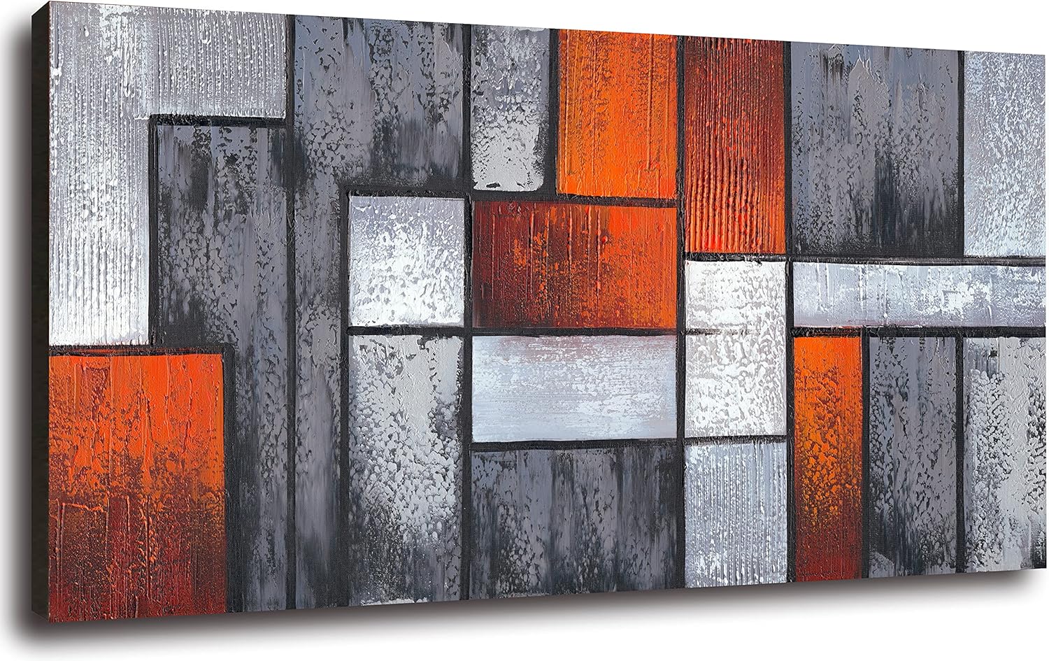 Paintings - Large Hand Painted Modern Oil Painting on Canvas Square Textured Orange Black White Abstract Wall Art Decor for Living Room Bedroom Framed 60x30inch