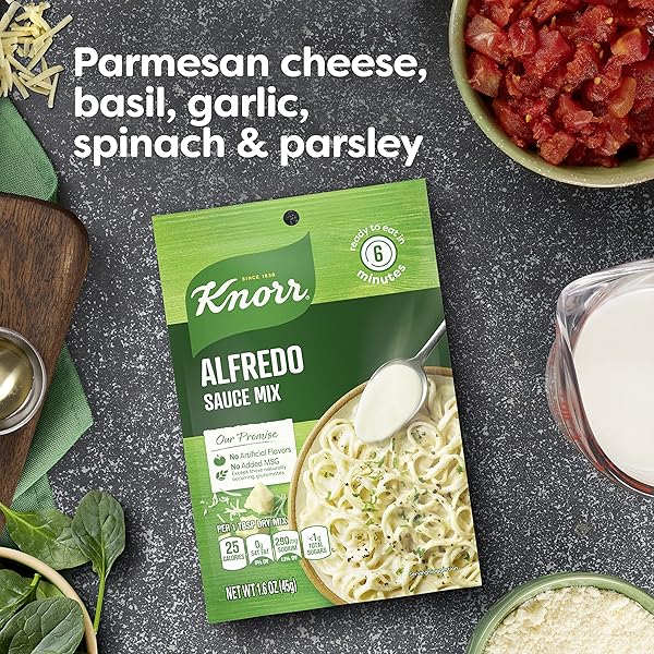 KNORR SAUCE MIX ALFREDO SAUCE CREAMY PASTA SAUCE FOR SIMPLE MEALS AND SIDES NO ARTIFICIAL FLAVORS, NO ADDED MSG 1.6 OZ