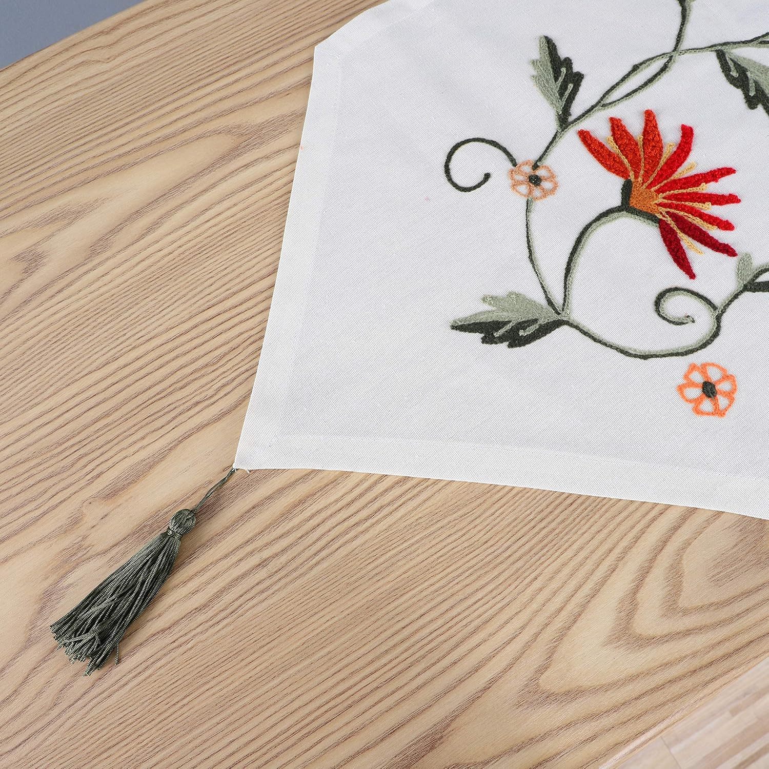 Ethomes Floral Embroidered Linen Cotton Burlap Beige 87 x 16 inches Approx Table Runner with Tassles: Home & Kitchen