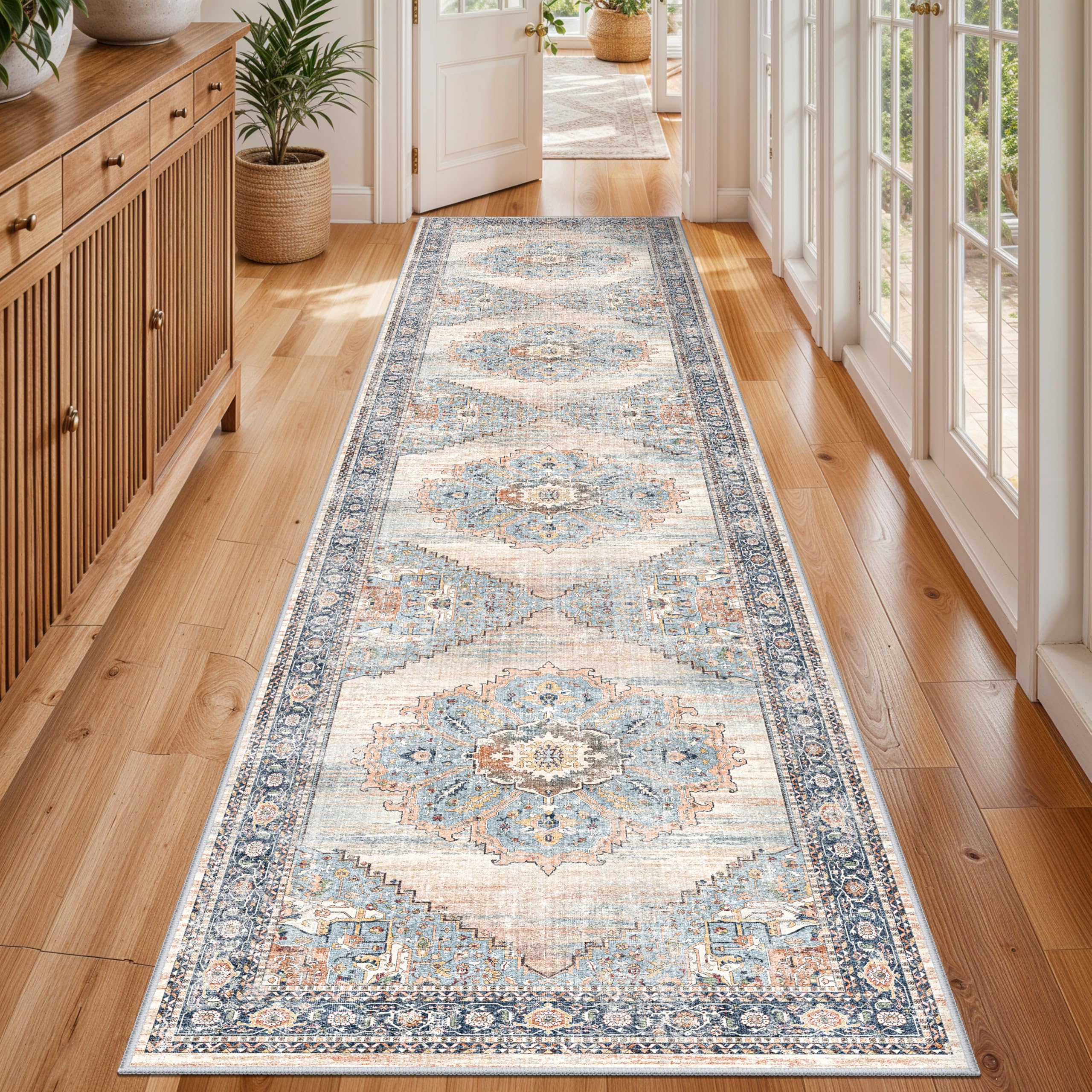 TOPRUUG Washable 2x8 Hallway Runner Rug: Non-Slip Low-Pile Rugs for Kitchen Bedroom Beside Bathroom Ultra Thin Soft Easy Clean for Hardwood Floors & High Traffic Areas (Blue, 2X8) Image