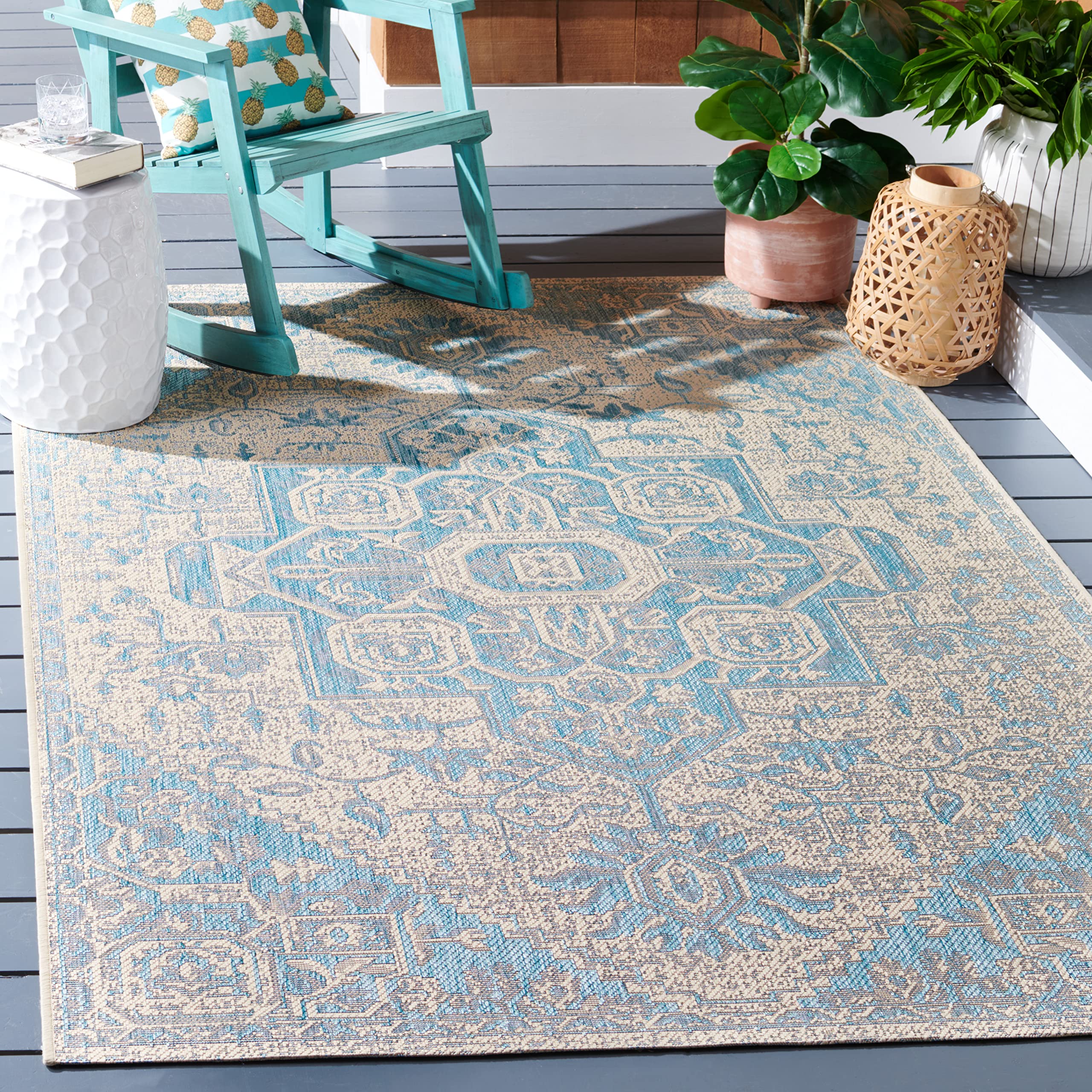 Safavieh Medallion Indoor/Outdoor Woven Rectangle Area Rug, Beachhouse Collection, BHS138, in Aqua / Cream, 79 X 152 cm for Garden, Patio or Any Outdoor Space