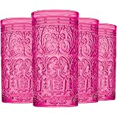 Godinger Highball Drinking Glasses, Tall Glass Cups Vintage Design - Jax Collection, Hot Pink, Set of 4