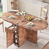 Jocoevol Round Folding Dining Table for 4, Space Saving Drop Leaf Kitchen Table with Storage Drawer, 6 Wheels Oval Gateleg Foldable Dining Table for Small Spaces(Vintage 47 * 23.6 * 30)