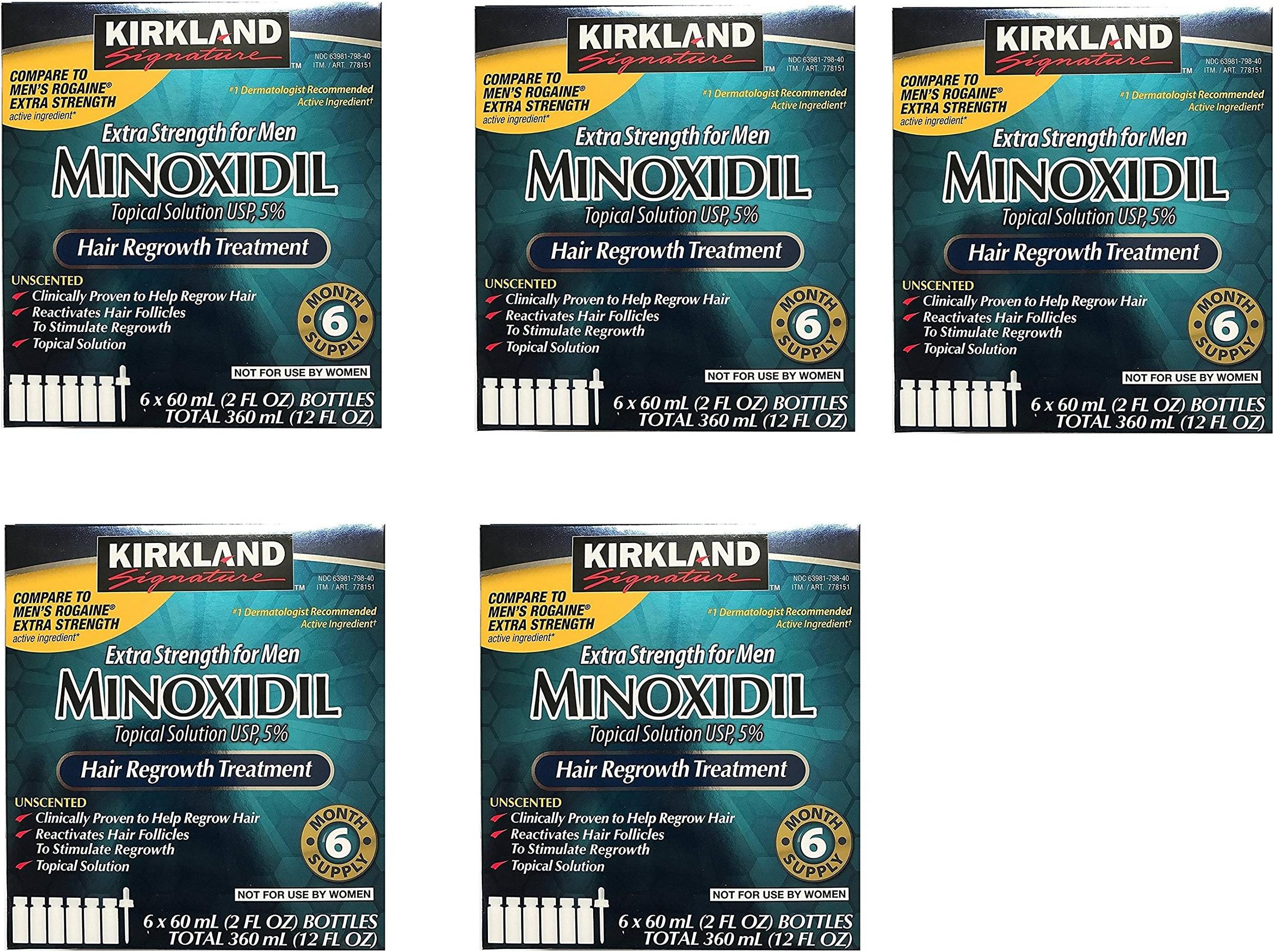 Kirkland Minoxidil 5 percent Extra Srength UVcodU Hair Regrowth For Men, 6 Month Supply, 2 Ounce Bottle, 6 Count (5 Pack)