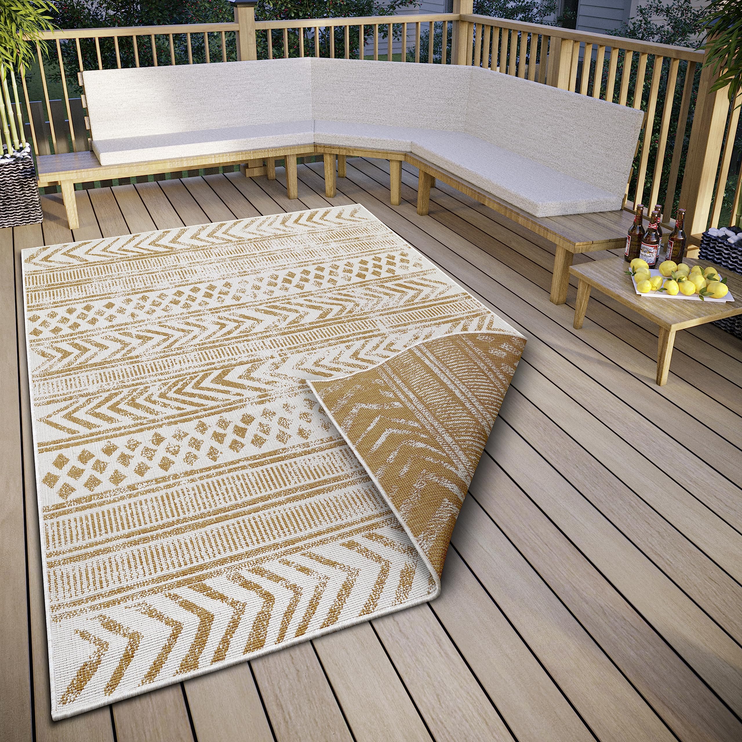 NORTHRUGS Biri Indoor & Outdoor Reversible Rug - Flat Weave, Boho Design, Oeko-Tex, Weatherproof & UV Resistant for Balcony, Patio, Garden, Ochre, 80 x 150 cm