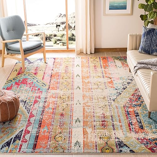 Safavieh Monaco Collection MNC222F Boho Chic Tribal Distressed Non-Shedding Stain Resistant Living Room Bedroom Area Rug, 11' x 15', Multi