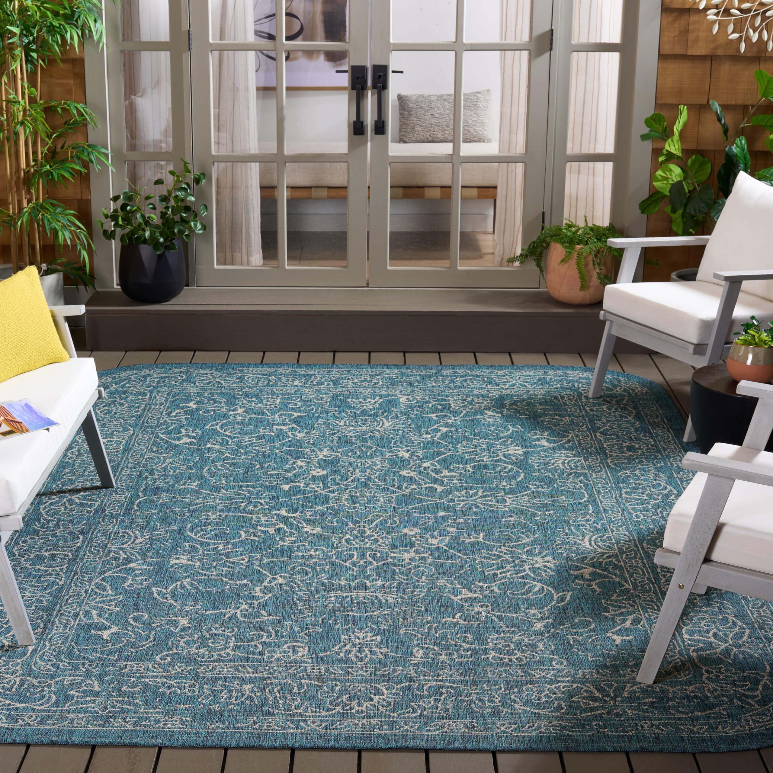 SAFAVIEH Washable Rug Outdoor Courtyard Collection - 8' x 10', Navy & Ivory, Non-Shedding & Easy to Clean, Ideal for Patio, Backyard, Mudroom (CY8680-36821) Image