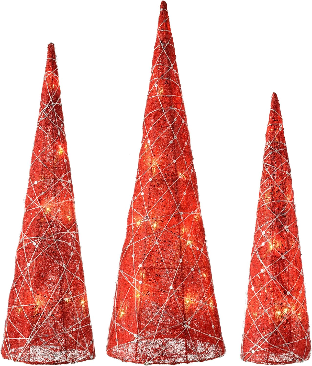 WeRChristmas Pre-Lit Sisal LED Tree Cones Woven Silver Glitter String, 41/51/61 cm - Red, Set of 3, 20 x 20 x 61 cm