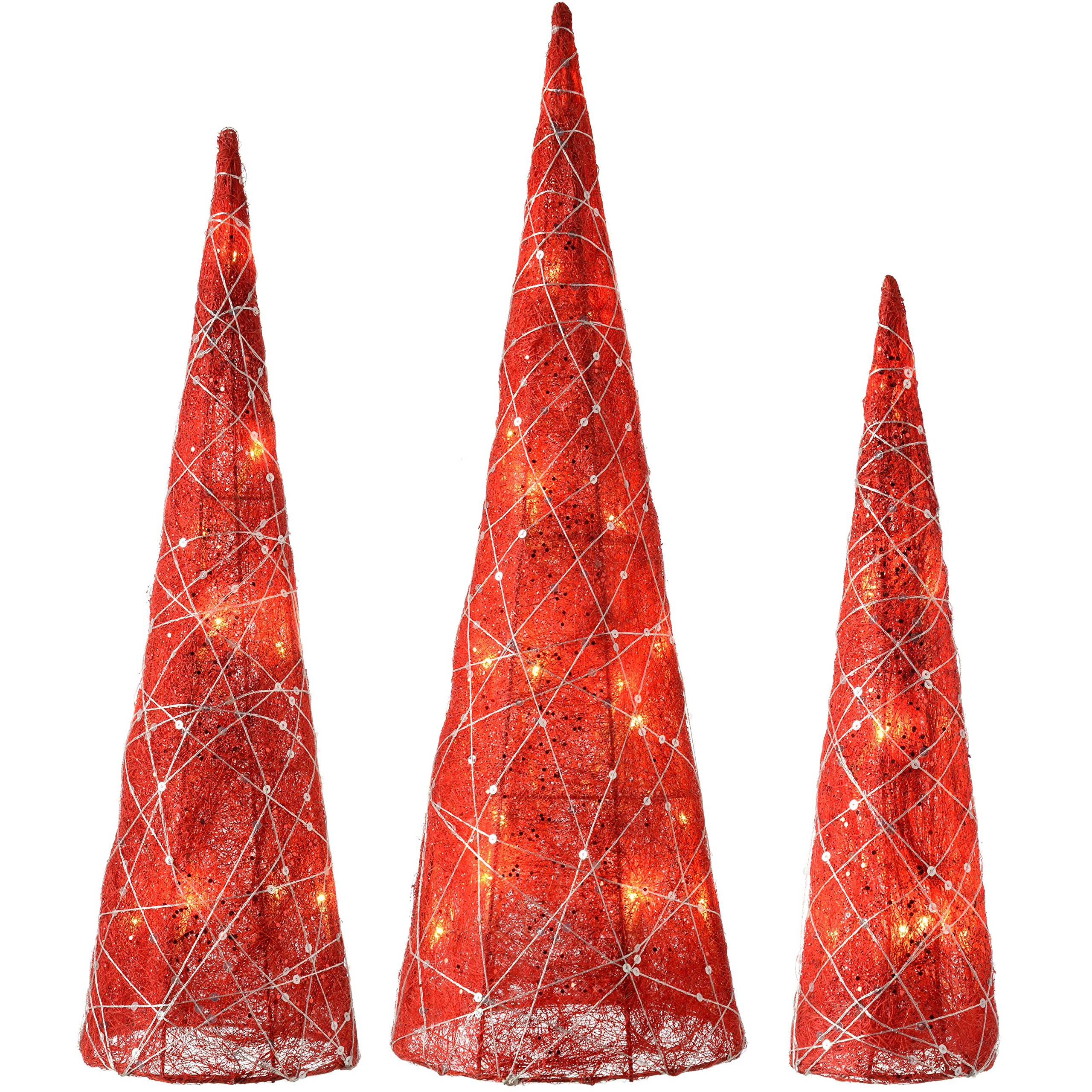 WeRChristmas Pre-Lit Sisal LED Tree Cones Woven Silver Glitter String, 41/51/61 cm - Red, Set of 3