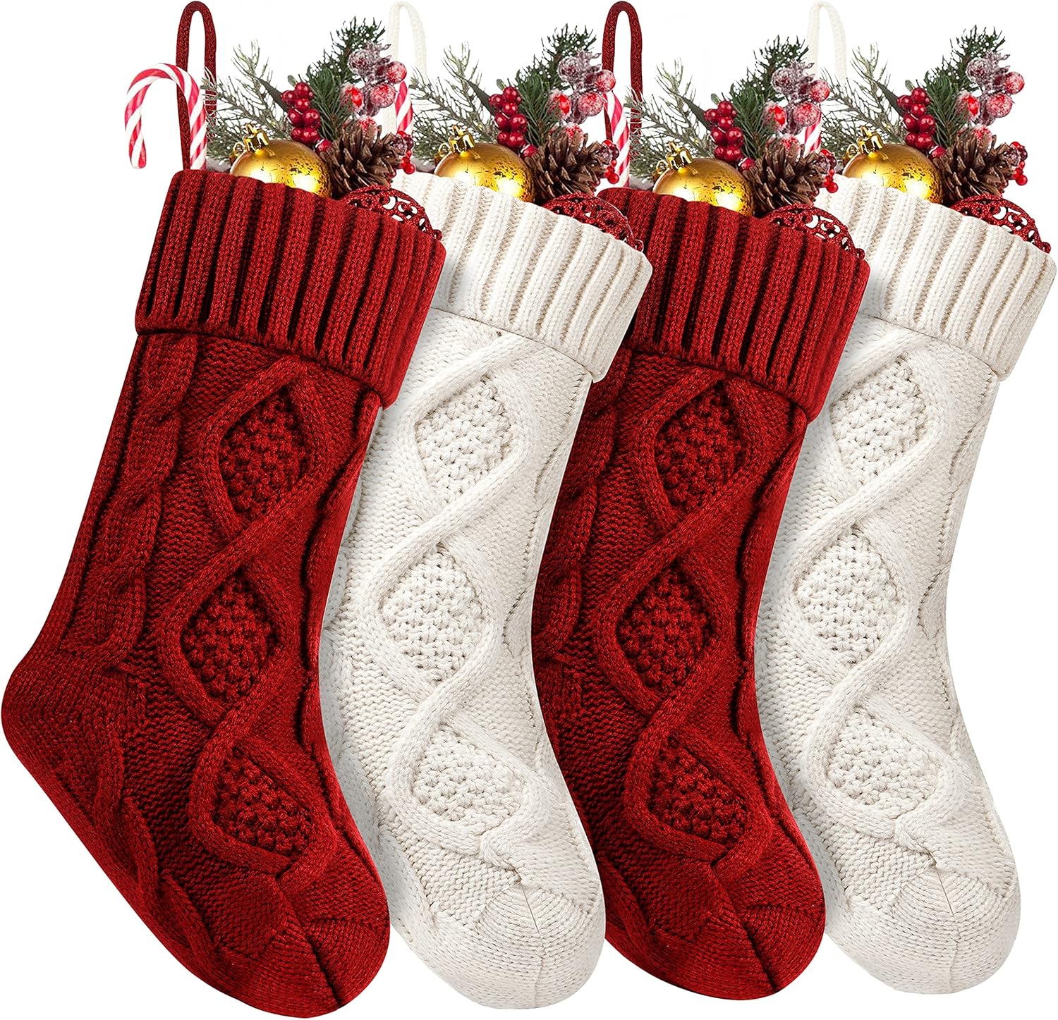 Stockings & Holders - 4 Pack Christmas Stockings, 14 Inches Cable Knitted Stocking Gifts & Decoration for Family Holiday Xmas Party Decor, Ivory White and Burgundy