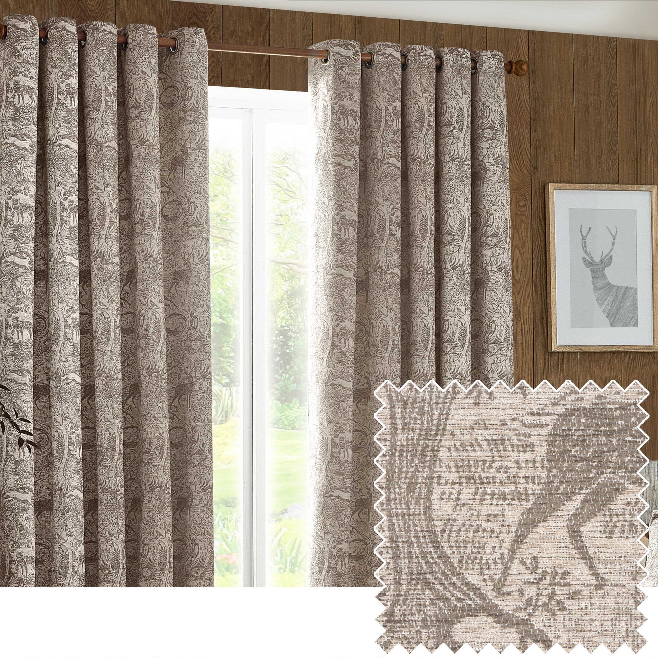furn. Winter Woods Chenille Room Darkening Eyelet Curtains – Woodland Animals Pattern (Taupe - Width x Drop: 168 x 183cm / 66 x 72, 2 Panels)