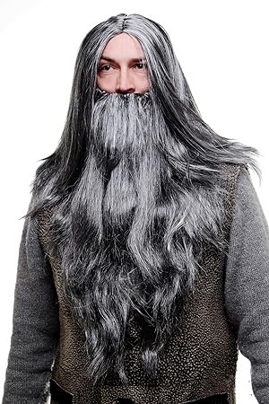 WIG ME UP ® - PW0210-P103MPC309 Perücke & Bart Set: Grau für Zauberer, Eremit, Philosoph, Alter Rocker Biker PW0210-P103MPC30