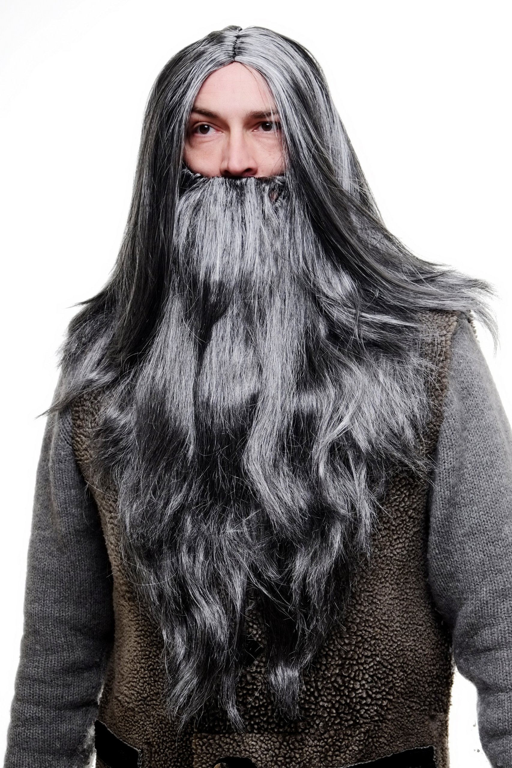 WIG ME UP - Party/Fancy Dress/Halloween LONG Beard & WIG set Grey Wizard Old Biker