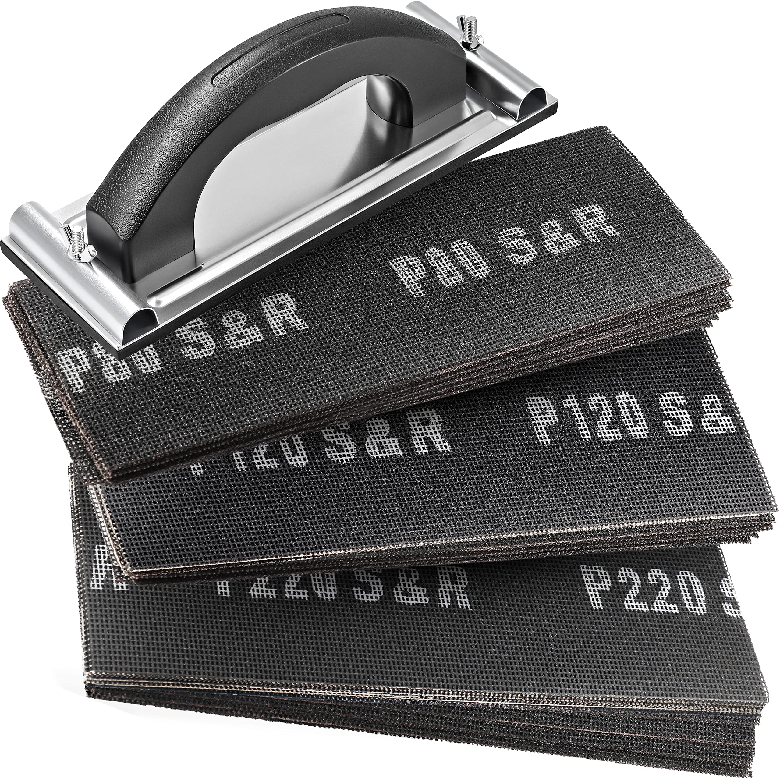 S&R Drywall Sanding Mesh Set – 30x Sheets (P80, P120, P220) + Hand Sander | 280 x 93 mm Sandpaper | 240 x 80 mm Sander | Silicon Carbide | For Drywall, Wood, Metal & Plaster