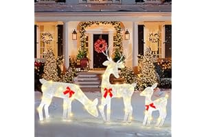 ATDAWN Light Up Deer, Christmas Yard Decoration, 60 LEDs Lighted Deer Christmas Decoration, Indoor Outdoor 2D Lighted Deer Family for Christmas Yard Decoration Light Up Display