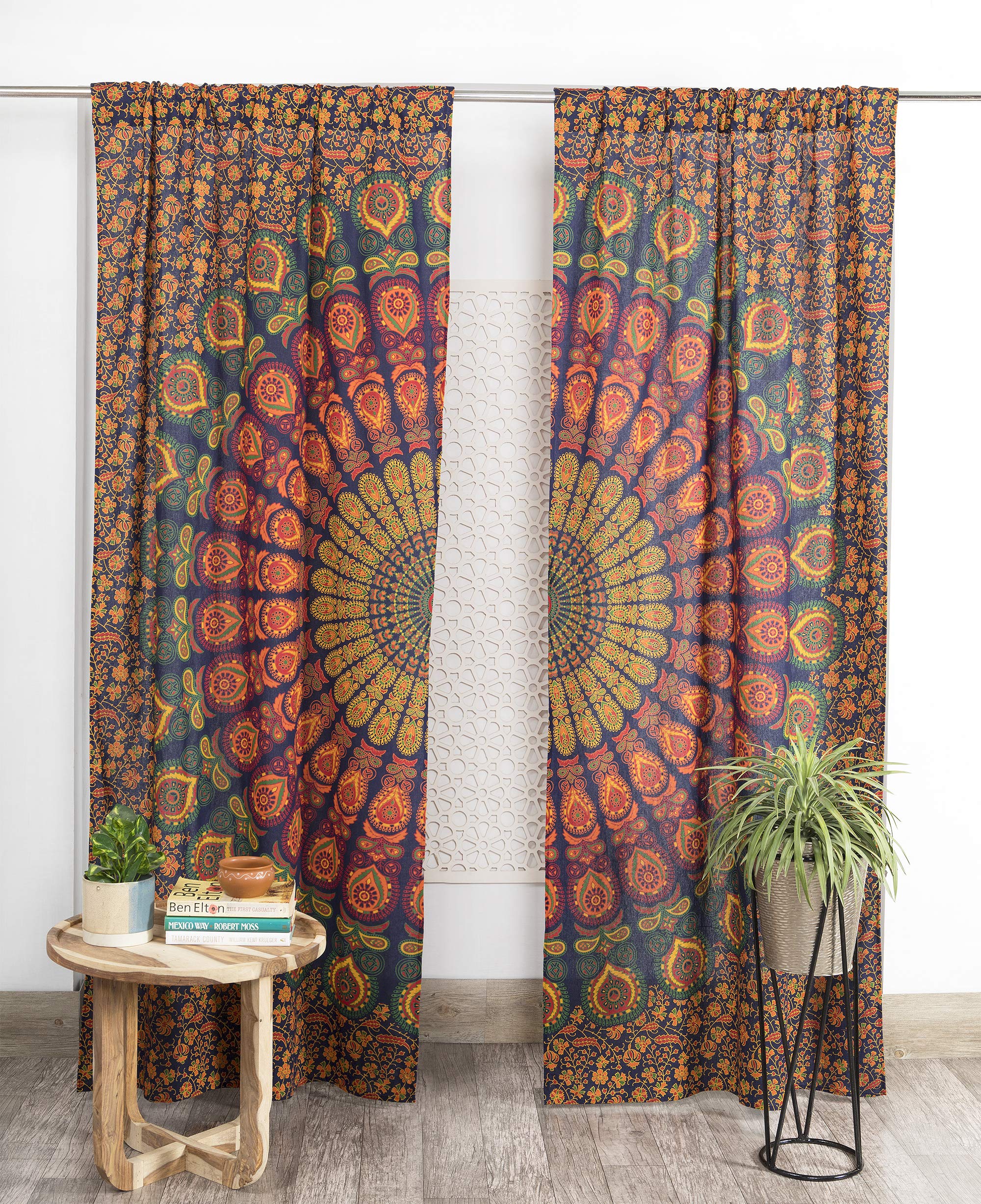 Popular Handicrafts Indian Hippie Bohemian Beautiful Peacock Mandala Curtain Panels Neavy Blue Multi Color