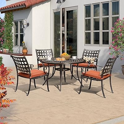 Buy Purple Leaf 5 Pieces Patio Dining Set Cast Aluminum Patio Furniture Set With 4 Armchairs And 47 Round Table Cushion And Sunbrella Pillow Included For Lawn Yard Garden Outdoor Dining Set