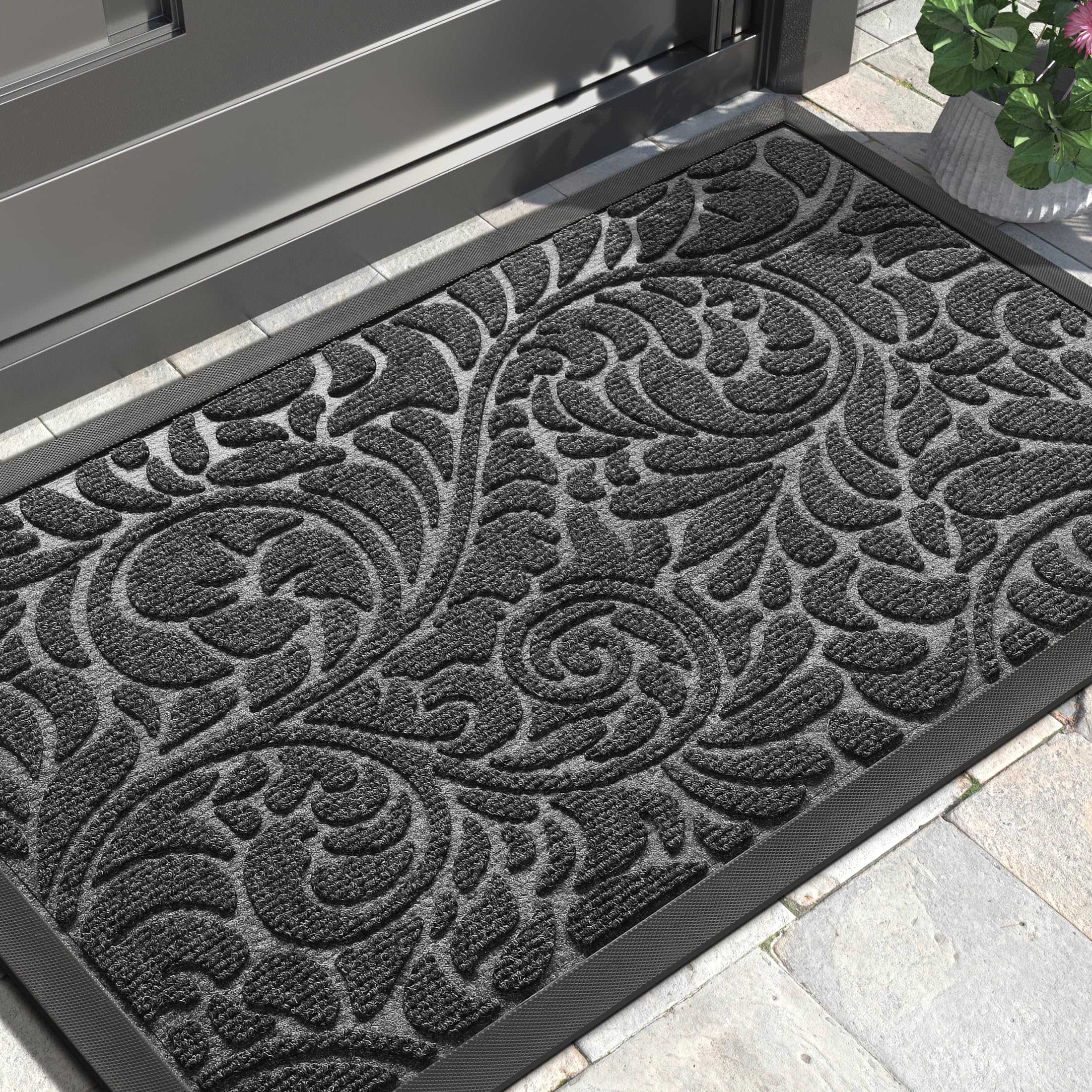 Photo 1 of Yimobra Door Mat Outside Entrance, Heavy Duty Non-Slip Outdoor Mats for Front Door, All-Weather Waterproof Sturdy Doormat, Low Pile Entry Mat Indoor for Garage and Patio, Easy Clean, 29.5x17, Grey
