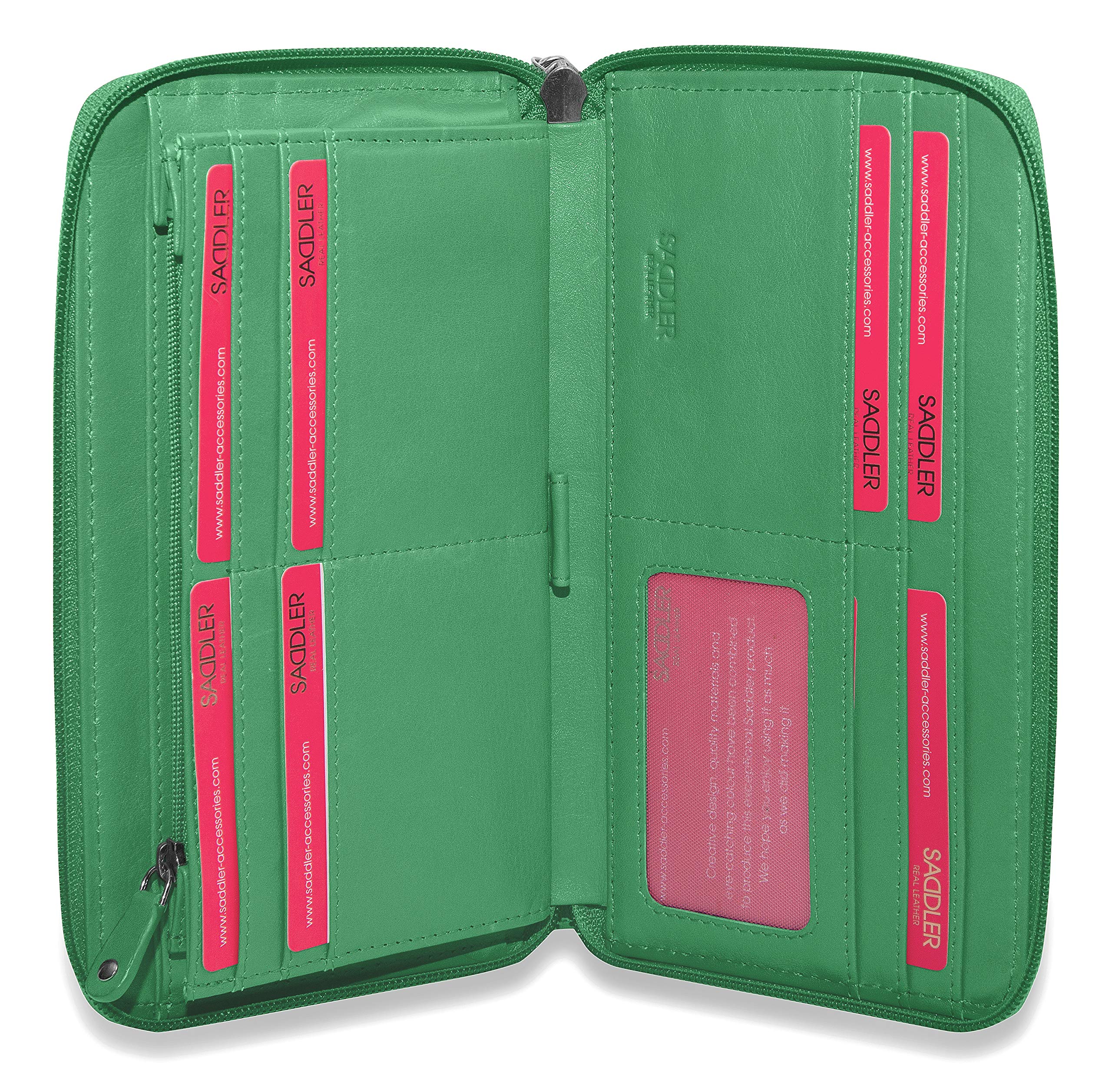 SADDLER Sophia Purse – RFID Protected Real Leather Large Zip-Around Wallet with 15 Card Slots, ID Window, Wrist Strap & Multi-Section Interior – Fits Most Phones – Gift-Boxed
