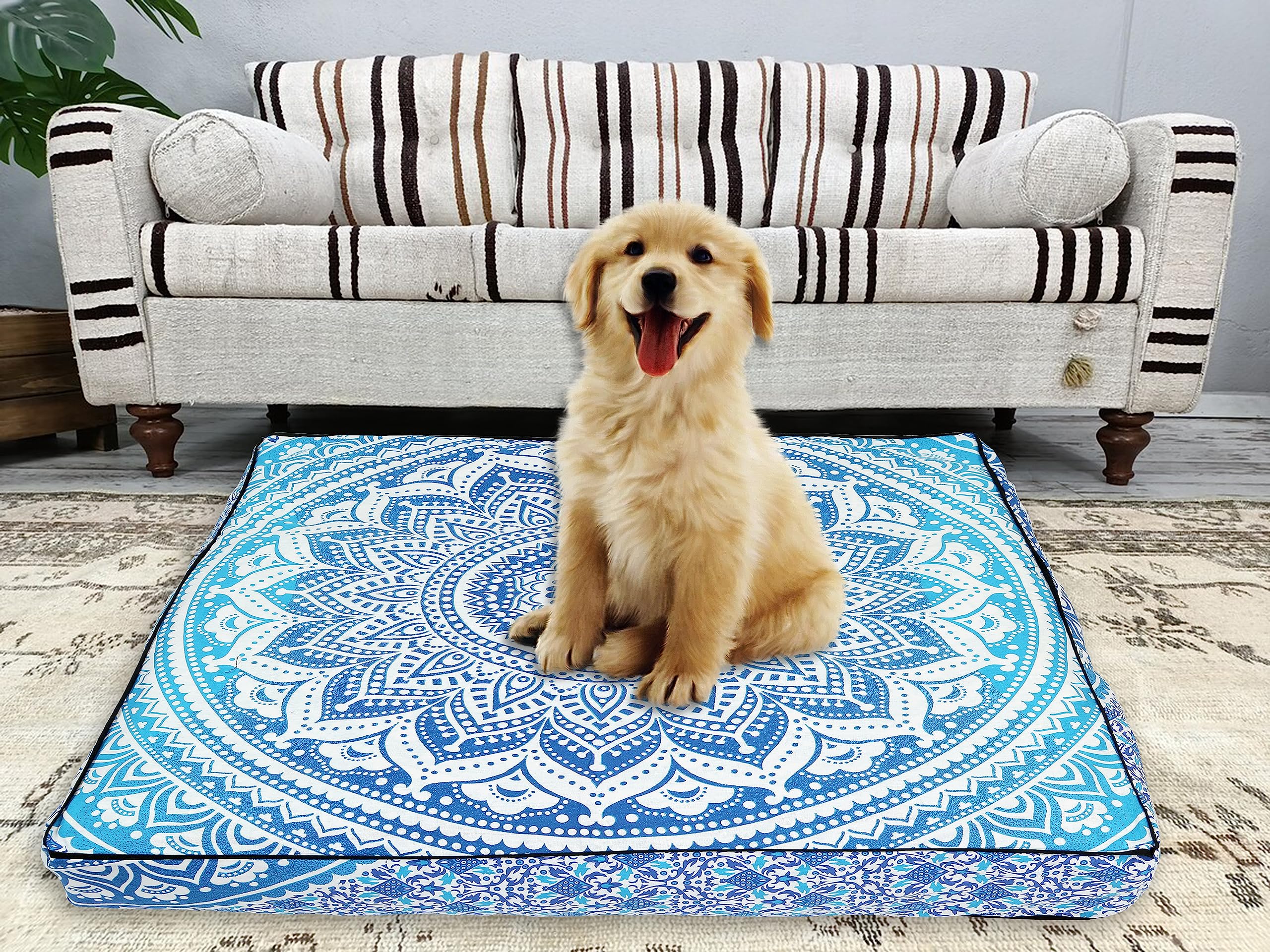 35" Large Square Floor Cushion Cover – 100% Cotton Boho Mandala Design, Oversized Floor Pillow Case for Meditation, Reading Nooks & Cozy Home Décor (Cover Only) (Ombre Blue) — image 1