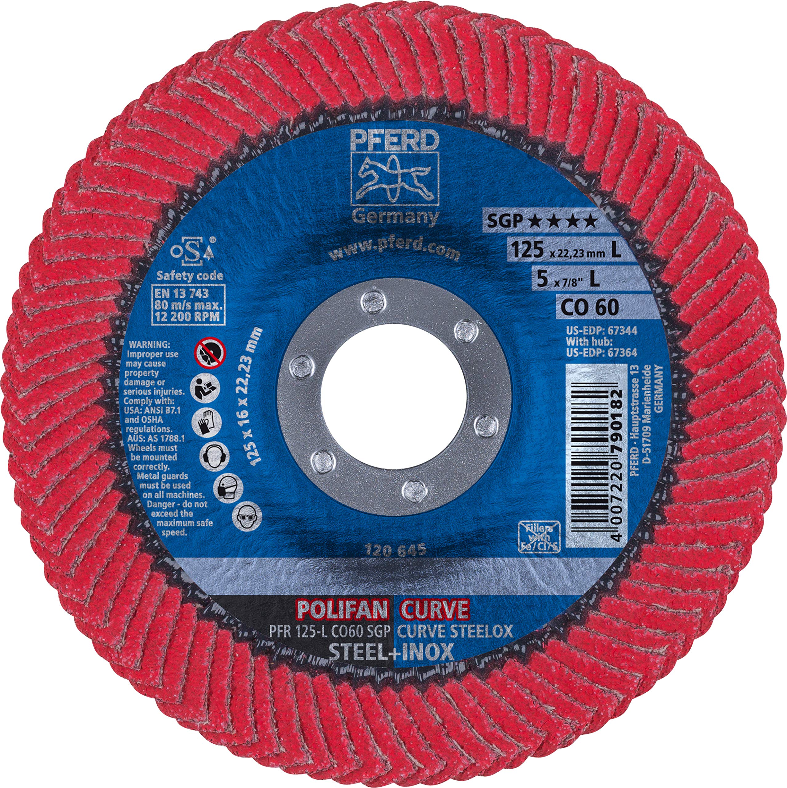 PFERD 67344 Polifan PFR Curve Radial Type Flap Disc, Ceramic Oxide, 5