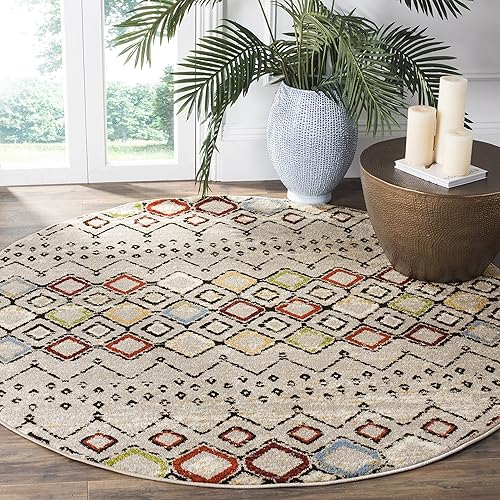 Safavieh Amsterdam Collection AMS108G Moroccan Boho Area Rug, 6'7" x 6'7" Round, Light Grey / Multi