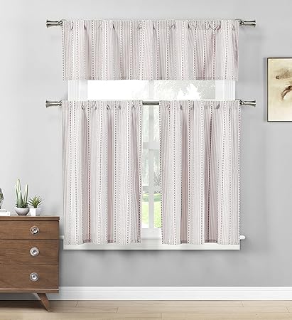 HOME MAISON - Kylie Striped Kitchen Window Curtain Tier & Valance Set, 2 29 X 36 Inch | 1 58 X 15 Inch, Burgundy Red & White