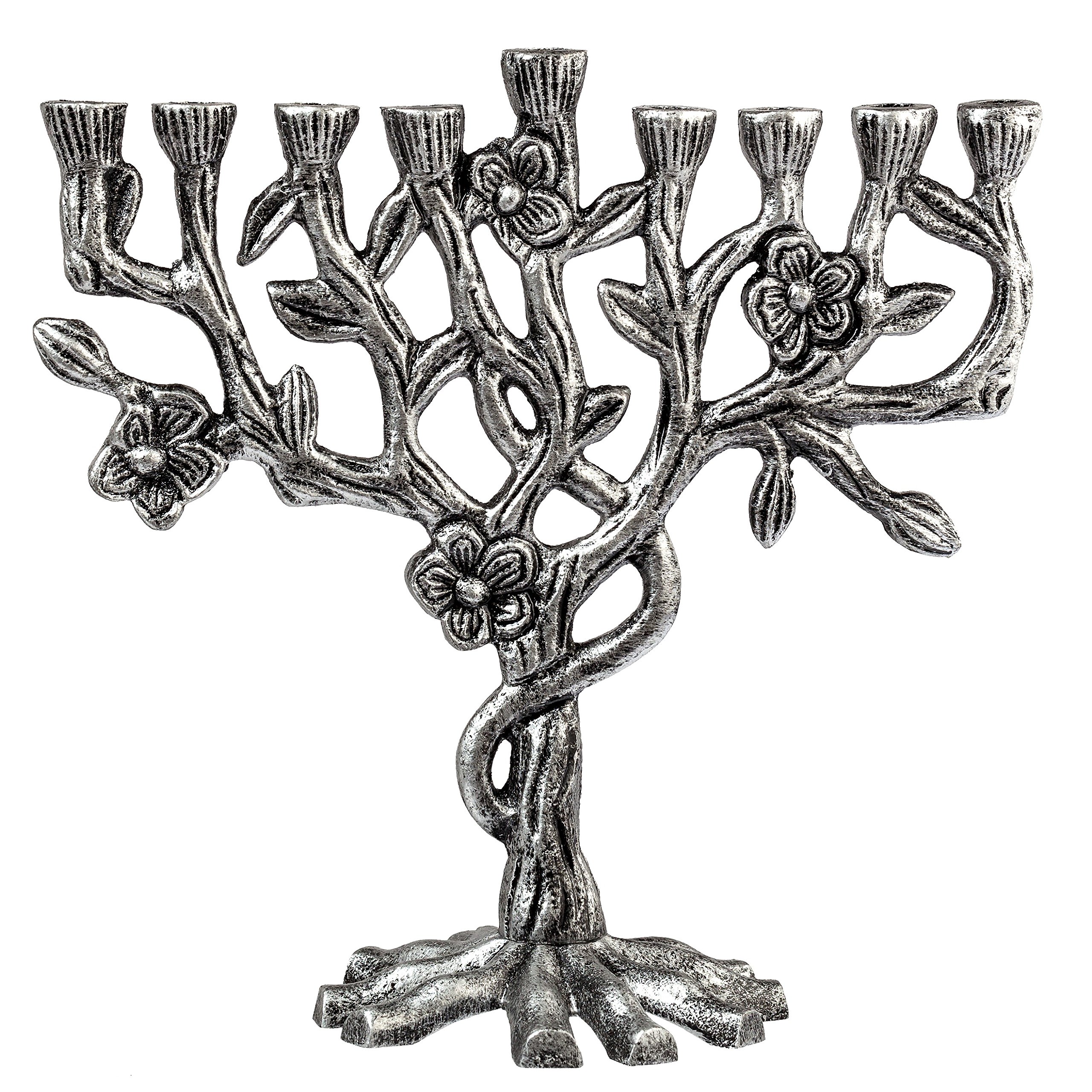 Ner Mitzvah Tree of Life Menorah for Chanukah - Fits All Standard Chanukah Candles - Artistic Candle Menorah - Antique Silver