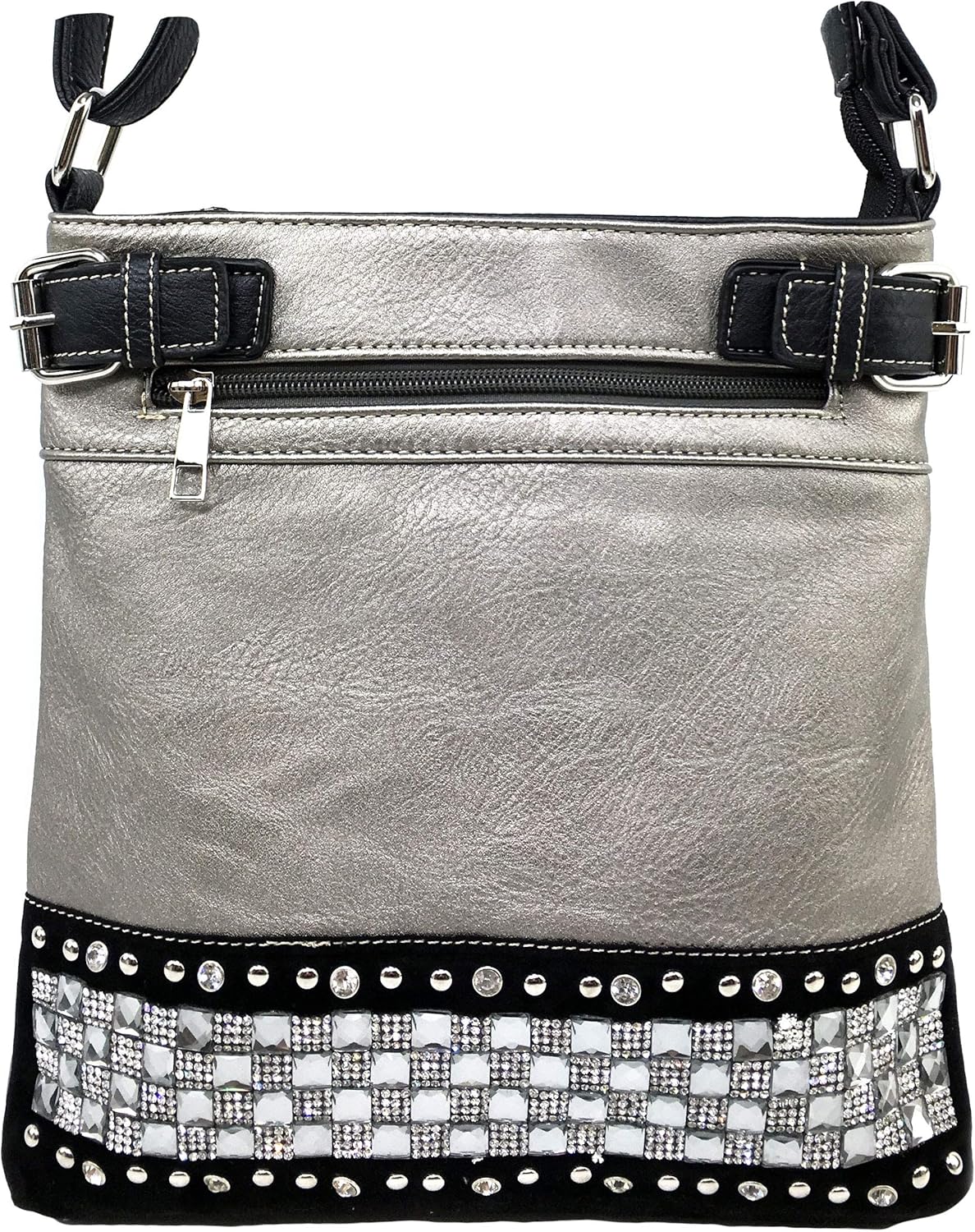 Justin West Full Bling Fashion Pewter Leather Zipper Luxury Fashion