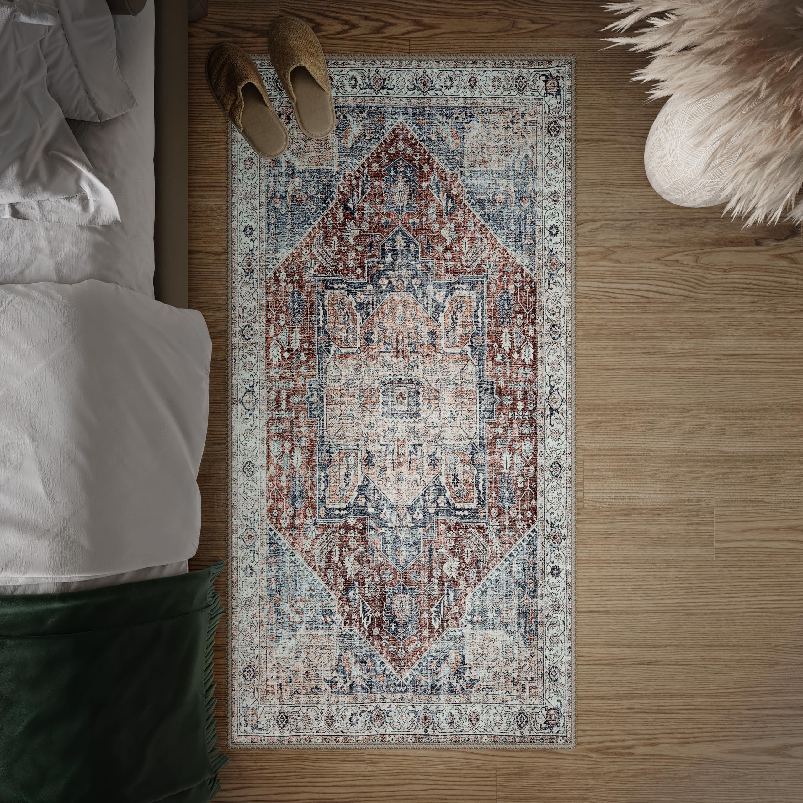 artyrugs Machine Washable Rug, 80x150cm, 75% Recycled Cotton, Short Pile, Non-Slip Backing, Non-Shedding, Suitable for Living Room, Bedroom, Kitchen, Hallway, Office, Crimson Red & Navy