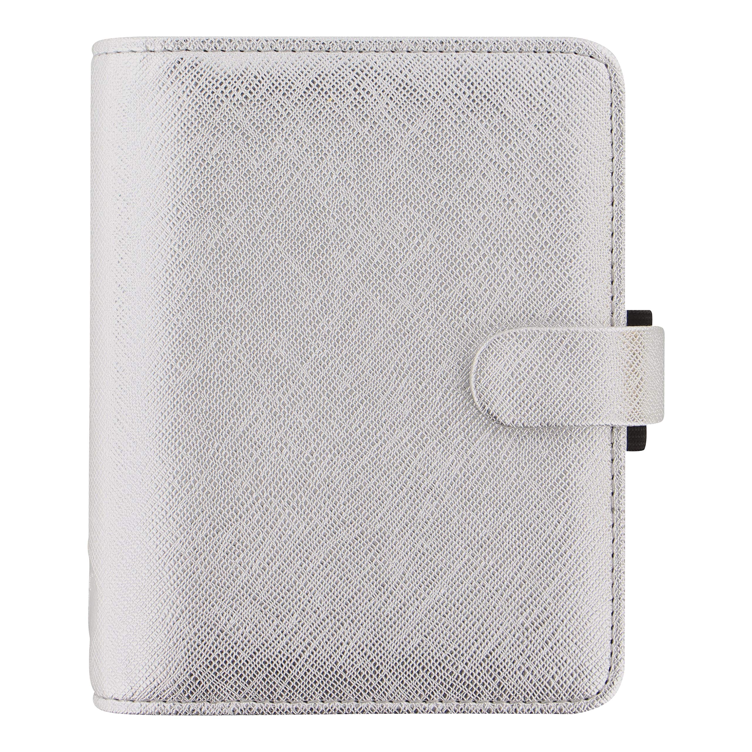 Filofax 2021 Saffiano Metallic Silver - Pocket, 6 Rings, Includes Week On 2 Pages Calendar Diary, Multilingual (C028755-21)