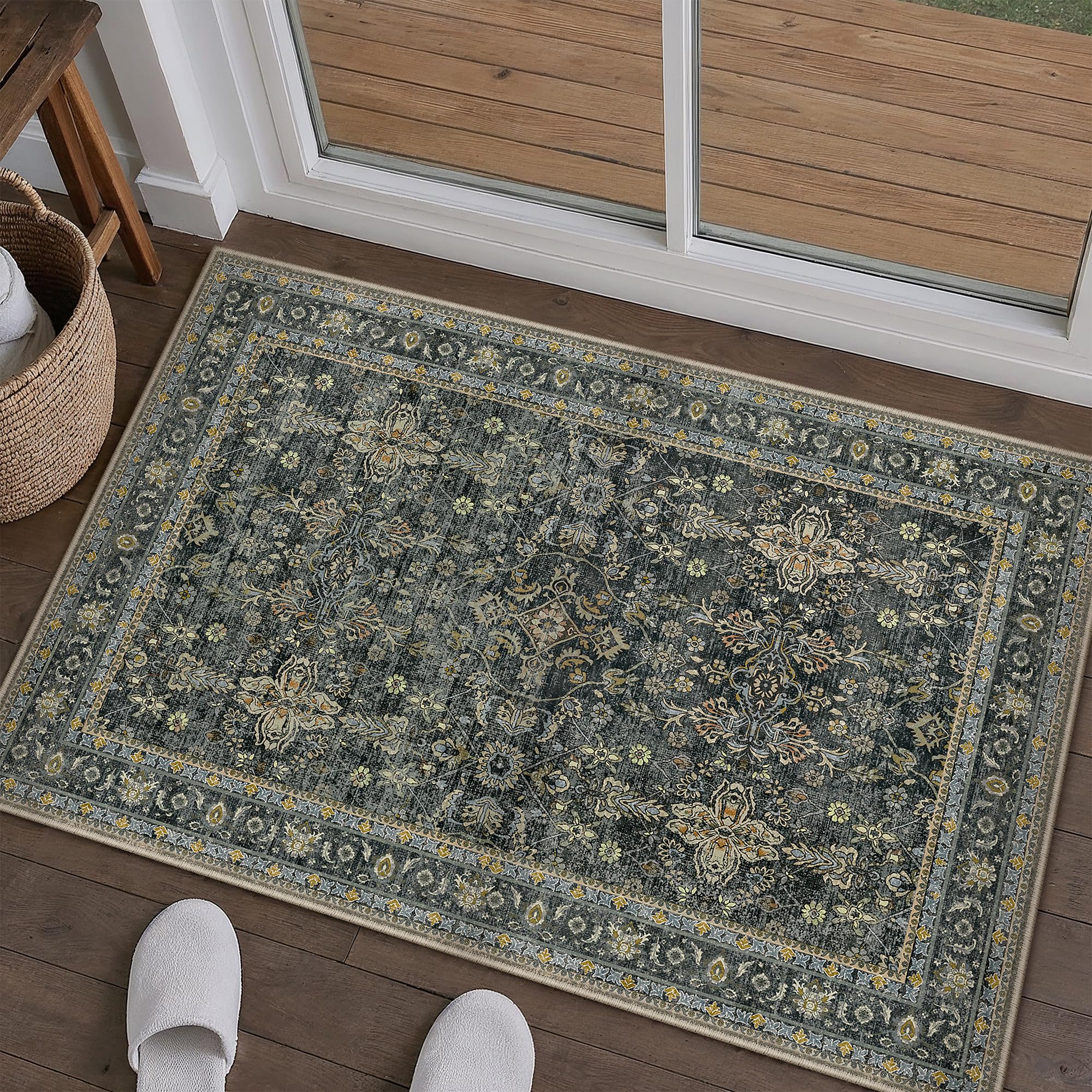 PureCozy Entryway Area Rug 2x3 Black Vintage Washable Kitchen Bathroom Carpet Traditional Distressed Soft Non Slip Small Door Mat Retro Low Pile Thin Rug for Entrance Laundry Bedroom