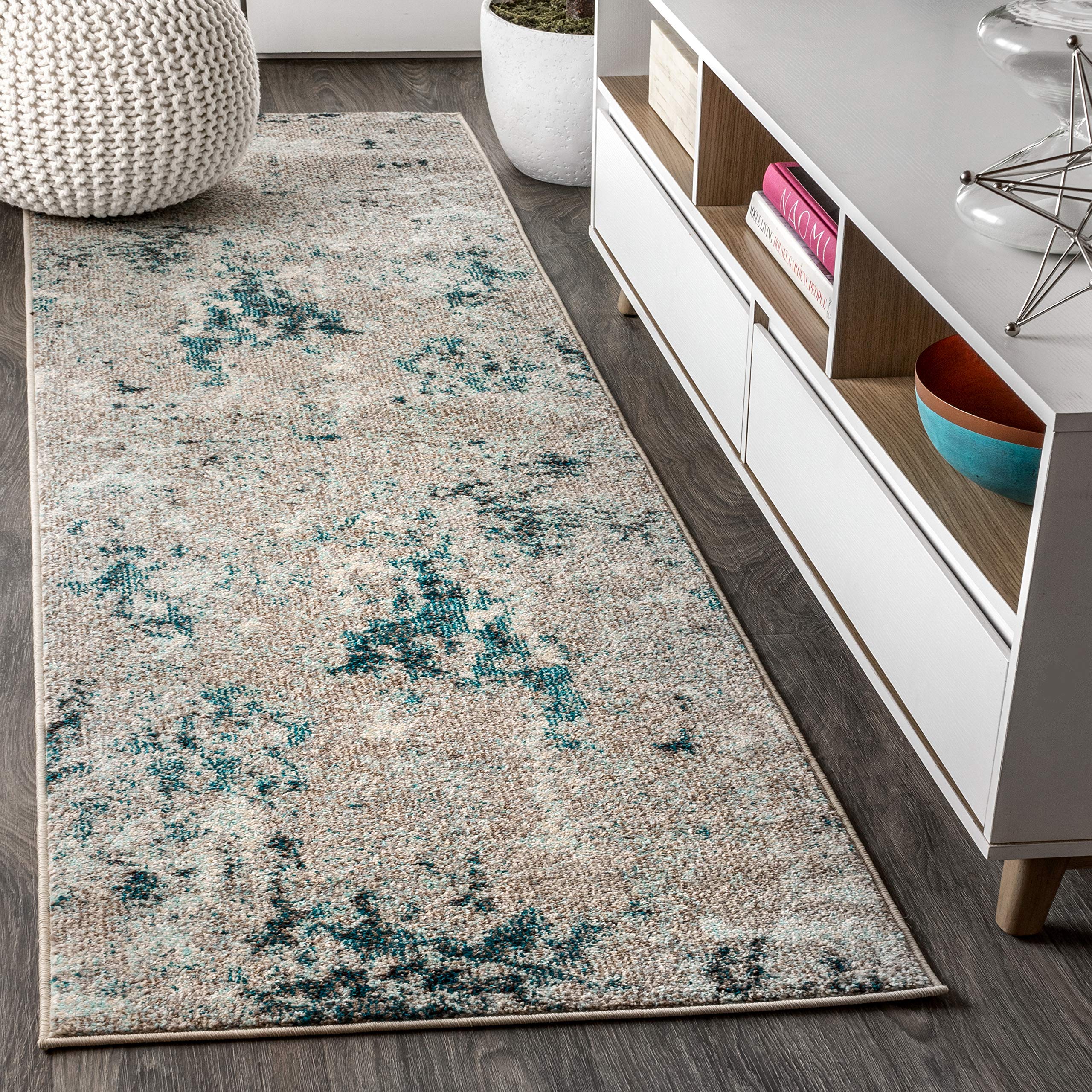 JONATHAN Y Contemporary POP Modern Abstract Vintage Faded Gray/Blue 2 ft. x 8 ft. Runner Rug, Bohemian, Easy Cleaning, For Bedroom, Kitchen, Living Room, Non Shedding
