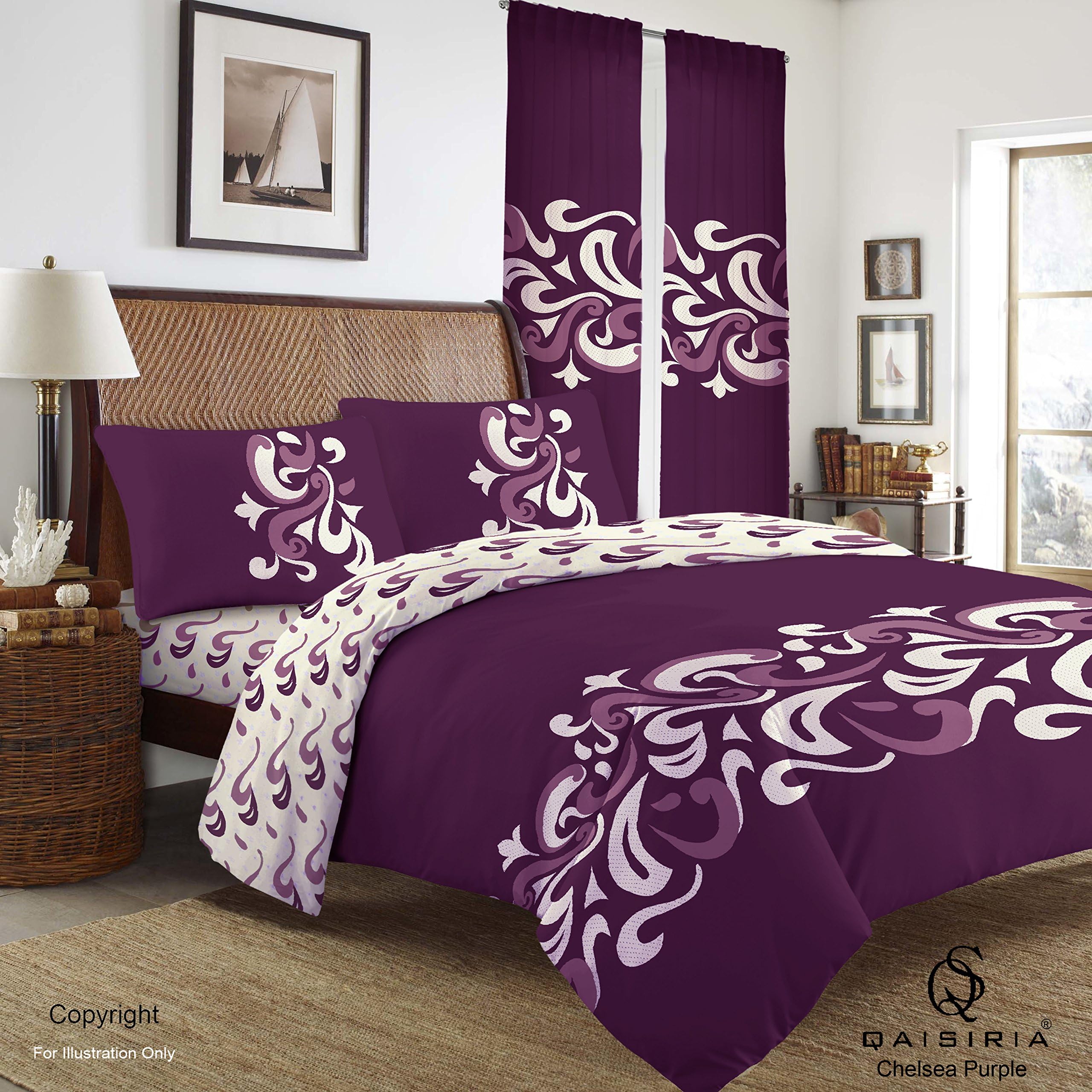 QAISIRIA - CHELSEA - 4PCS COMPLETE BEDDING SET - DUVET COVER WITH FITTED SHEET & 2 x PILLOW CASES (Super King, Purple)