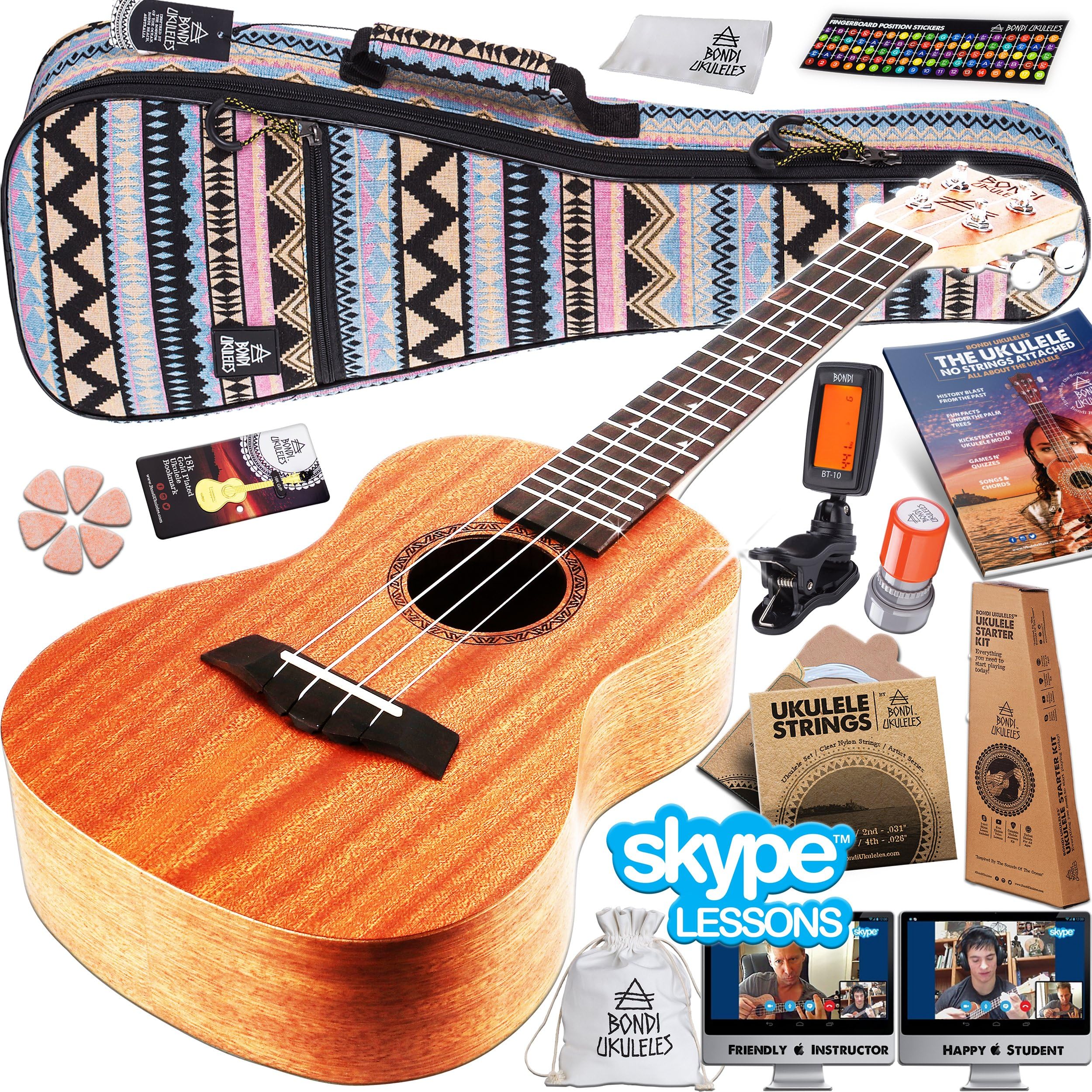 Ukulele Starter Kit (16-Piece-Set) Acclaimed Brand get Official SKYPE Lesson, Videos, Compression Case, No-Scratch Felt Picks, Clip Tuner, Chord Stamp, Poster, Strap, Strings & MORE (Launch Exclusive)