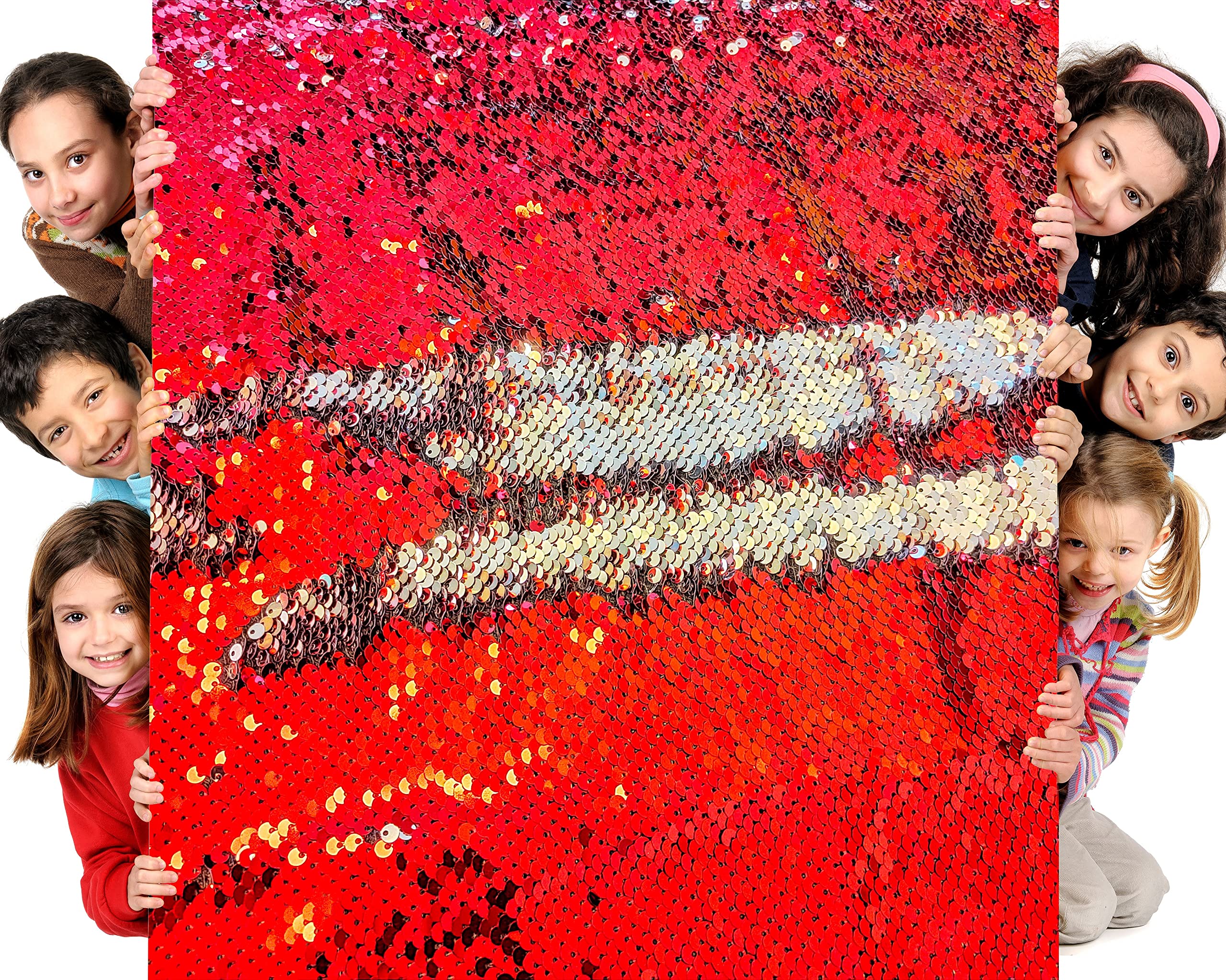 Sensory Wall Sequin Flip Fabric for Kids,0.2" Large Sequins Sensory Graffiti Fabric,Tactile Stimulation,Reversible Mermaid Fabric by The Yard (0.5yard(18"*49"), Bright Red + Silver)