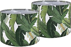 GO&SO Set of 2 Tropical Lamp Shades - Natural Linen Drum Lampshades with Greenery Leaf Print - 13" x 13" x 10" - Ideal for Table & Floor Lamps - Hand Crafted - Farmhouse Decor - Assembly Required
